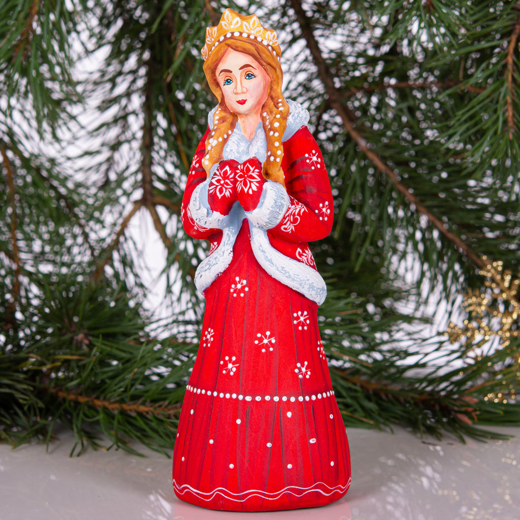 Hand Carved Snow Maiden Figurine: Red Coat Slavic Christmas Decor