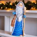 Hand carved Santa wooden figurine 9.1 inch with staff, satchel, heirloom mantel shelf decor