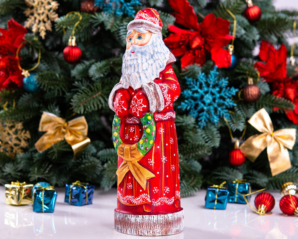 Hand carved Santa wooden figurine 11.4 inch, wreath Christmas decor