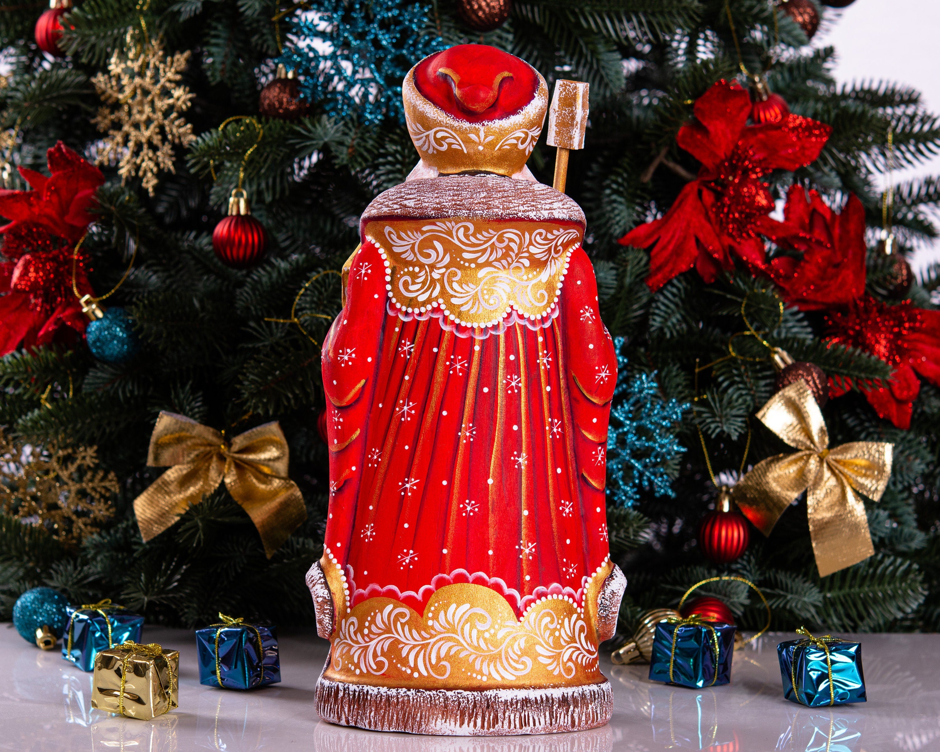 Hand carved Santa nativity figurine 12 inch, religious Christmas mantel or shelf decor