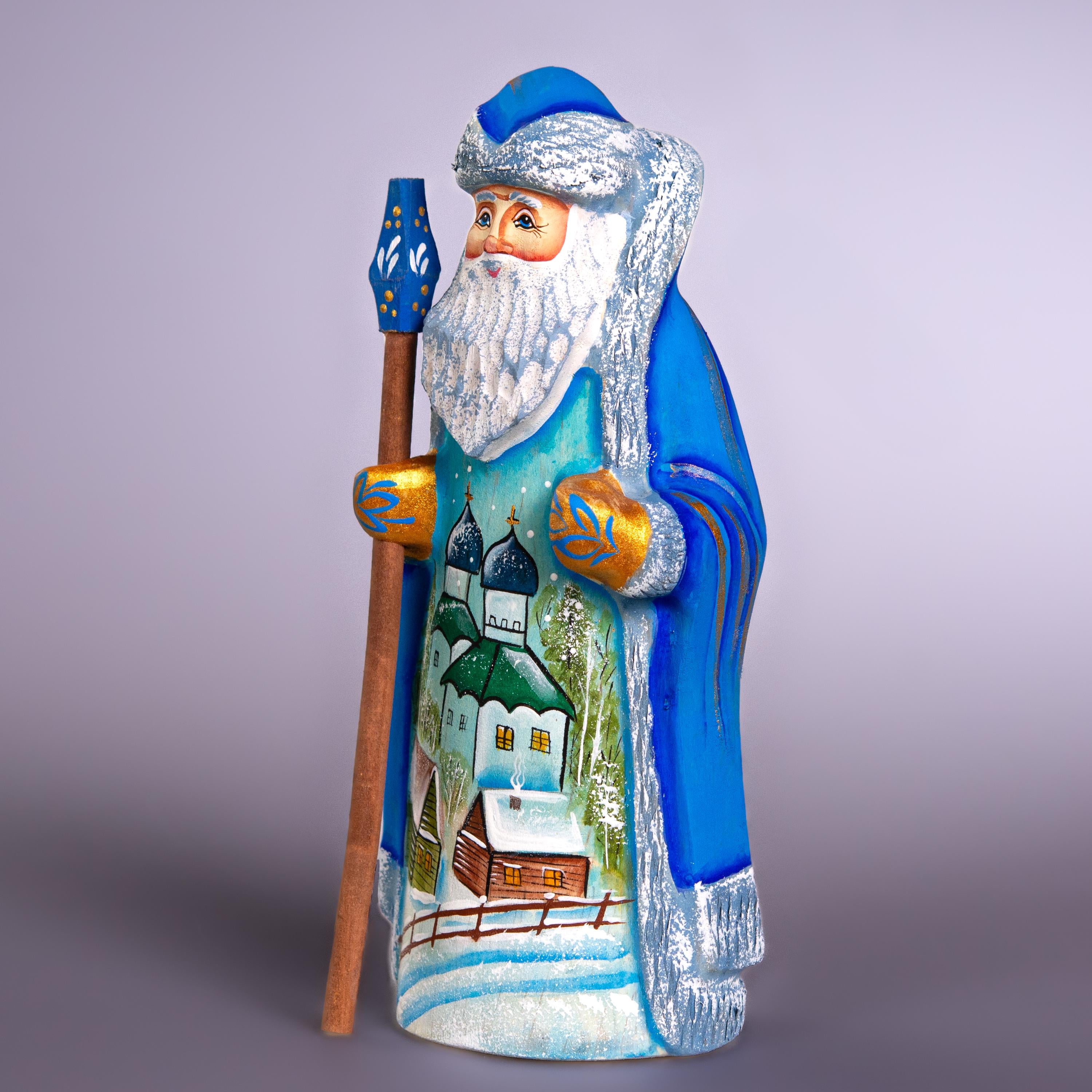 Hand Carved Wooden Santa Figurine: Winter Church Scene, Signed Collectible