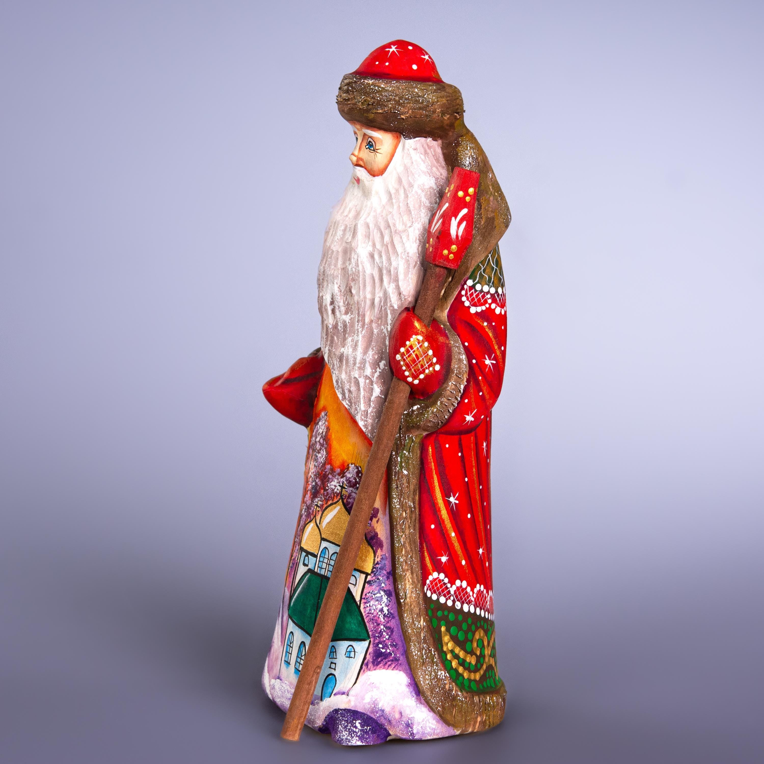 Hand Painted Santa Figurine: Carved Wood, Church Scene, Signed