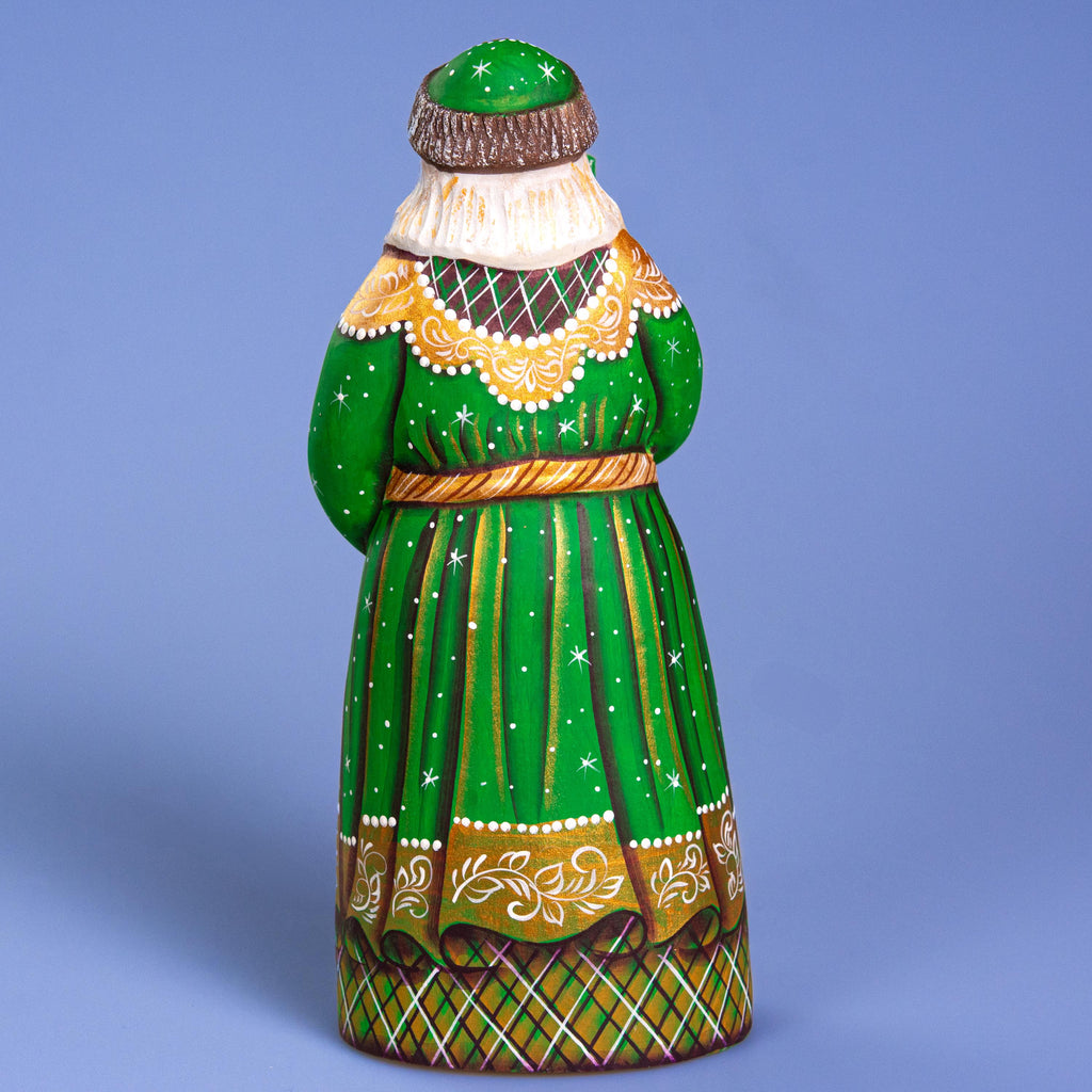 Santa with Dog Figurine 9", Green Coat, Hand Painted Wood