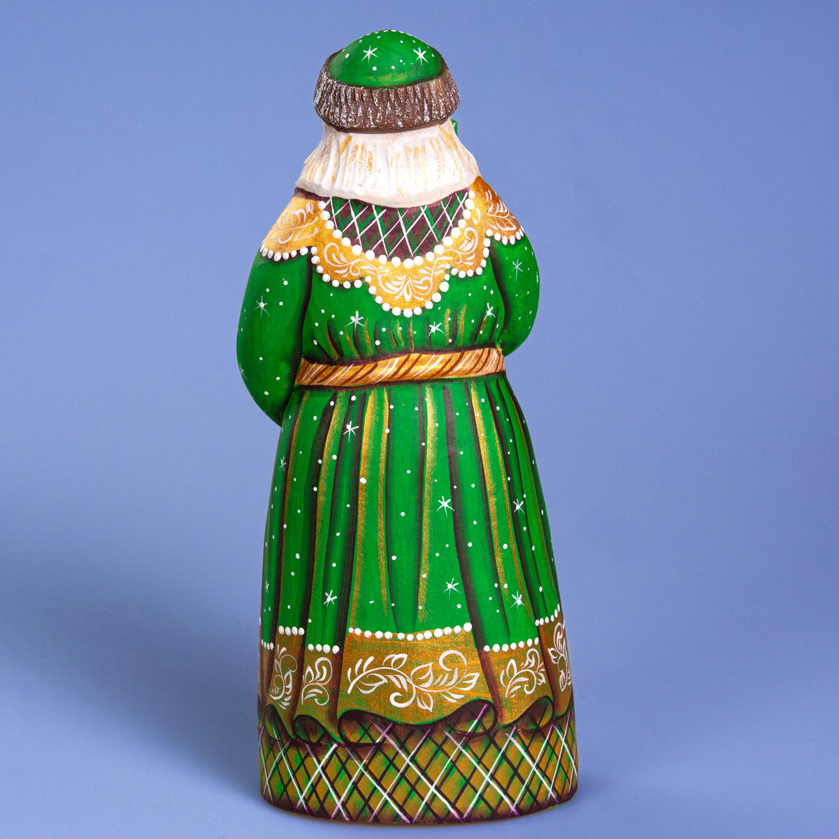 Santa with Dog Figurine 9", Green Coat, Hand Painted Wood