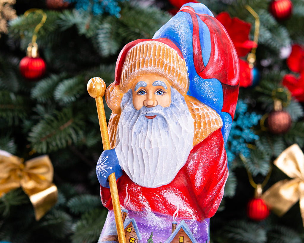 Hand carved Old-World Santa figurine 11.4 inch, snowy village artwork, rustic lodge shelf decor
