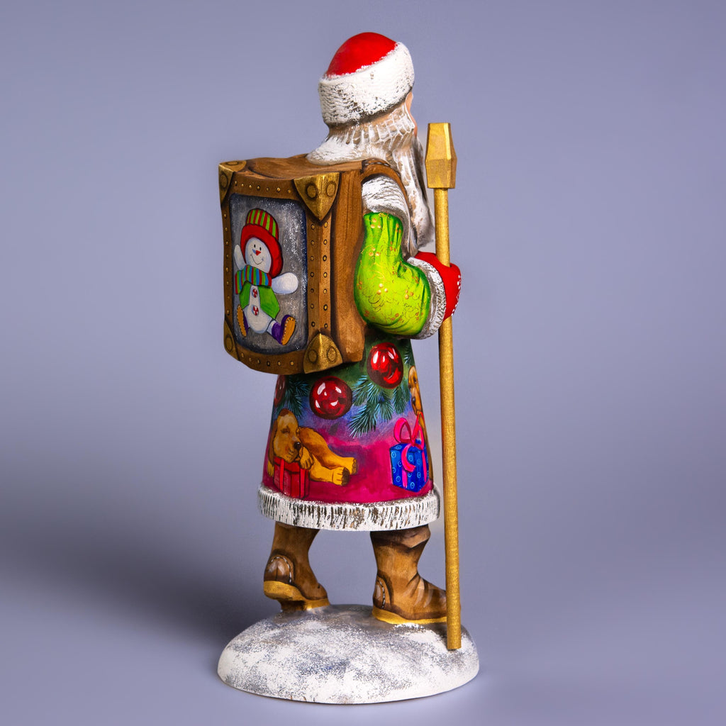 Santa with Puppy Figurine 11", Hand Carved Wood, Christmas Mantel Decor