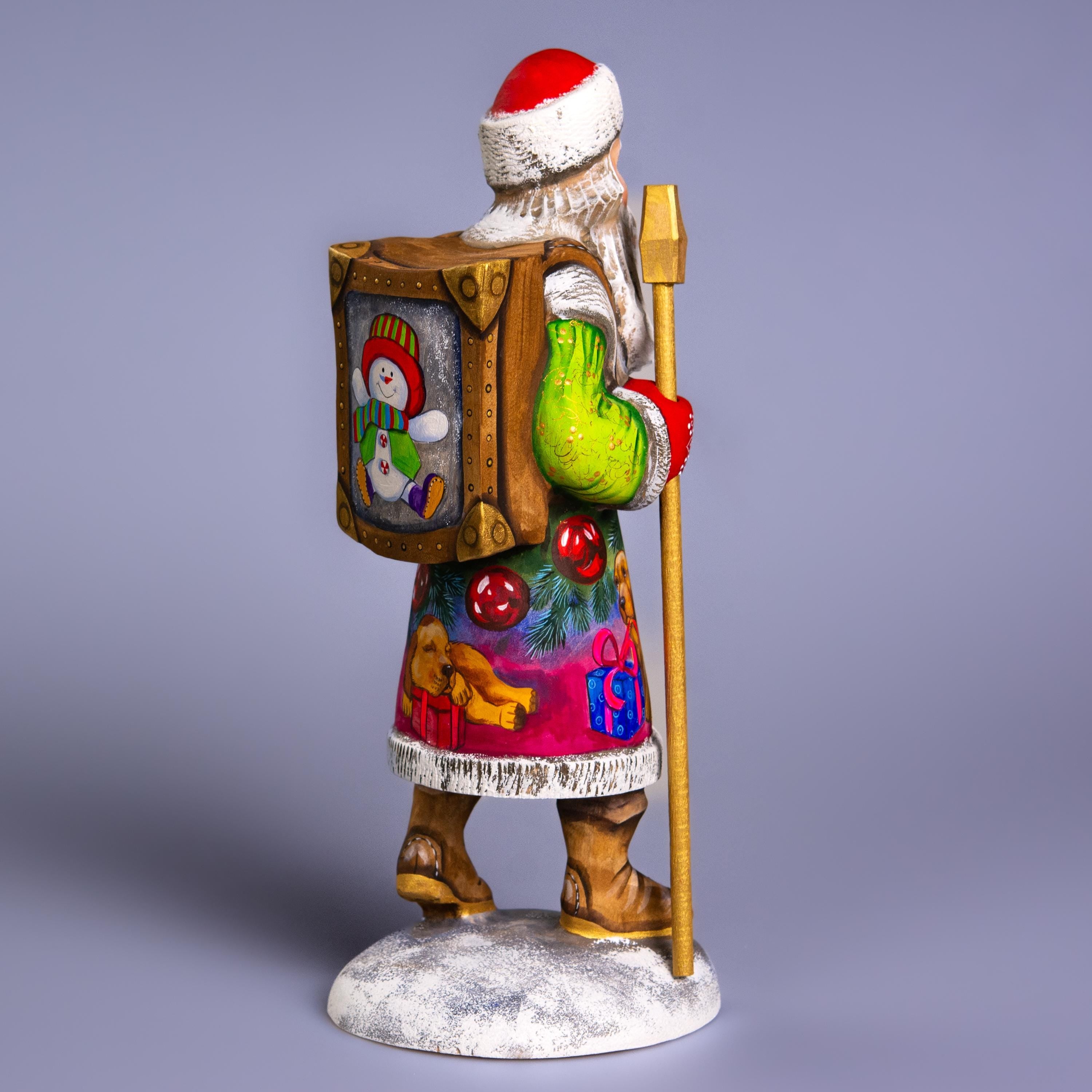 Santa with Puppy Figurine 11", Hand Carved Wood, Christmas Mantel Decor
