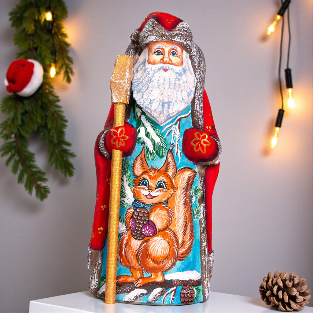Hand carved wooden Santa figurine 7 inch, squirrel woodland scene, staff, holiday shelf decor