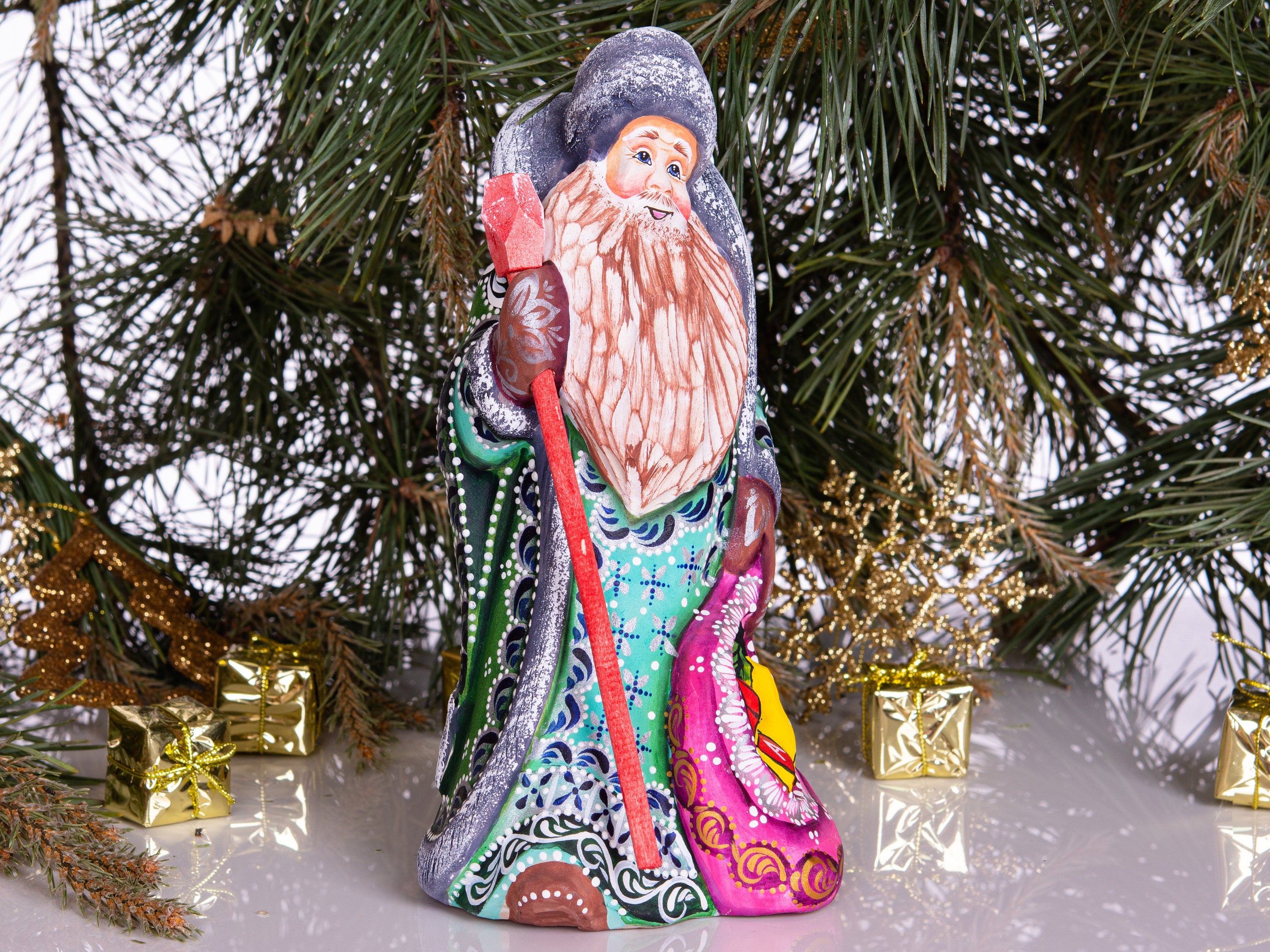 Hand Carved Wooden Santa Figurine: 9 Inch Rustic Christmas Decor
