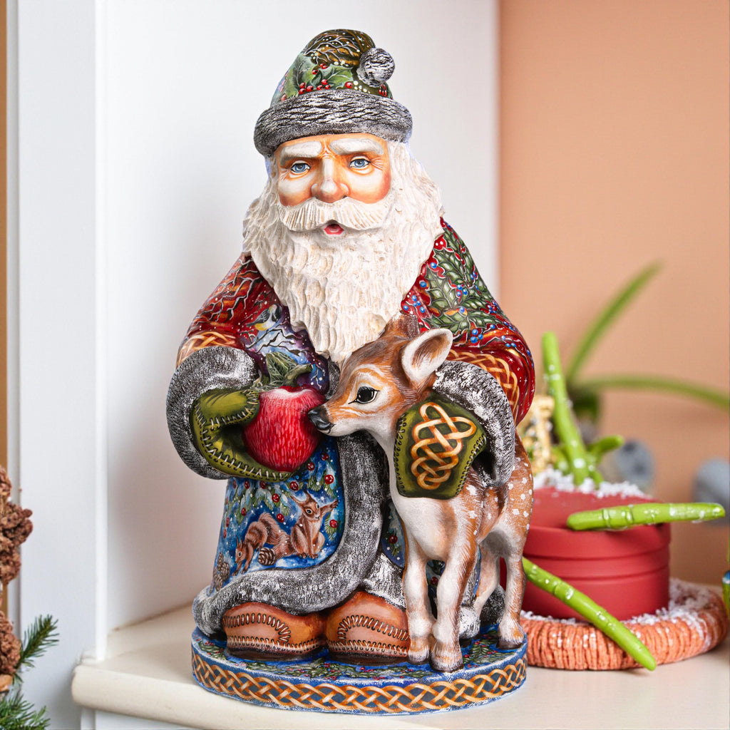 Hand carved Santa 14 inch solid wood statue, woodland animal scene