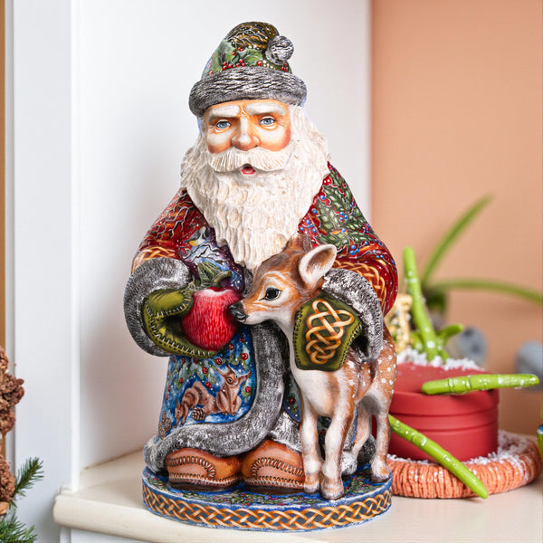 Hand carved Santa 14 inch solid wood statue, woodland animal scene