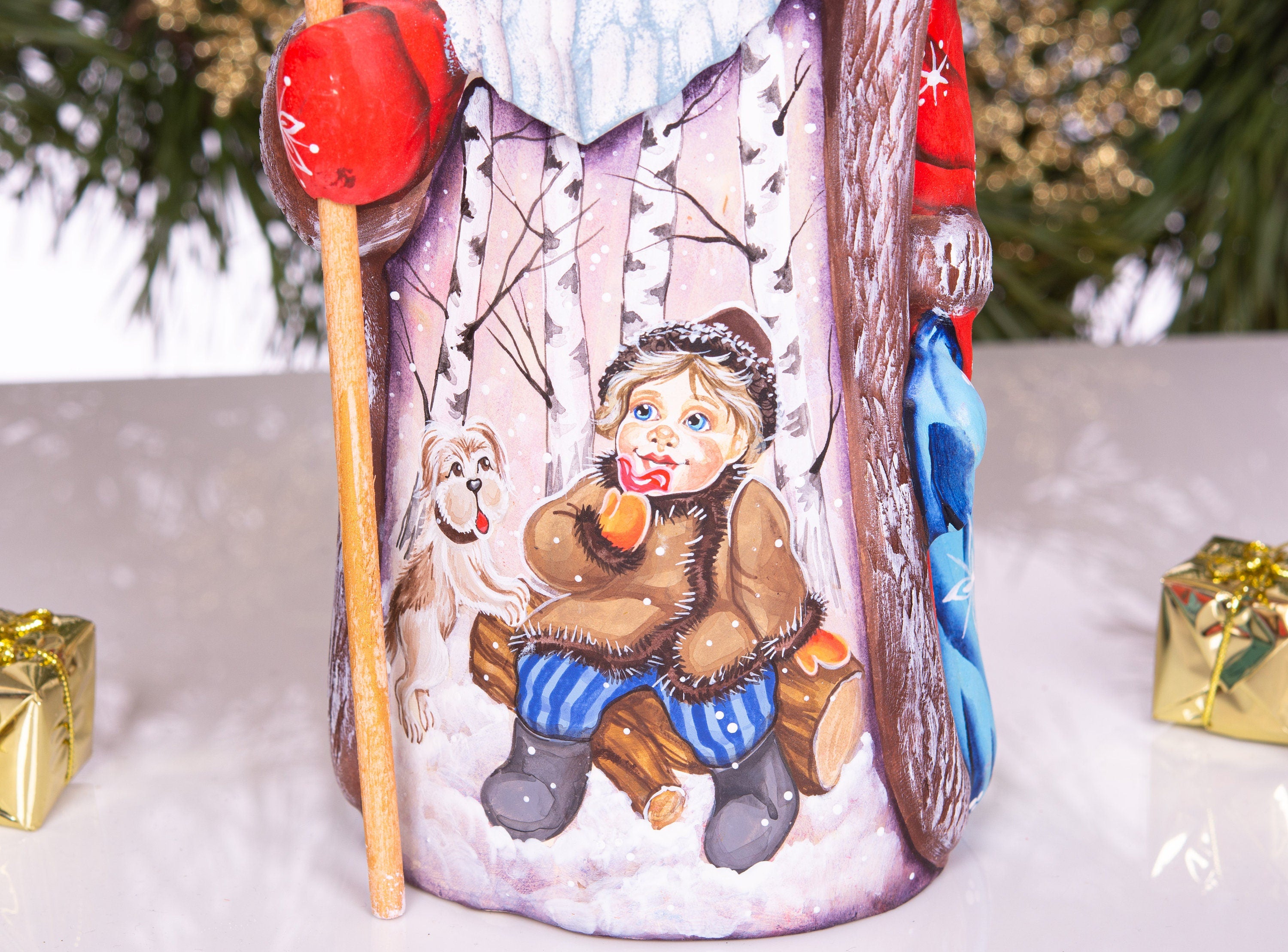 Hand Carved Wood Santa Figurine 9 inch: Child, Dog, Winter Scene