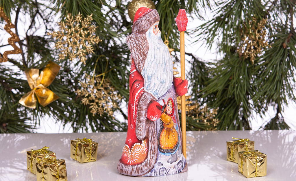 Hand-Carved Wooden Santa Claus Figurine 9inch: Folk Art Christmas Decor