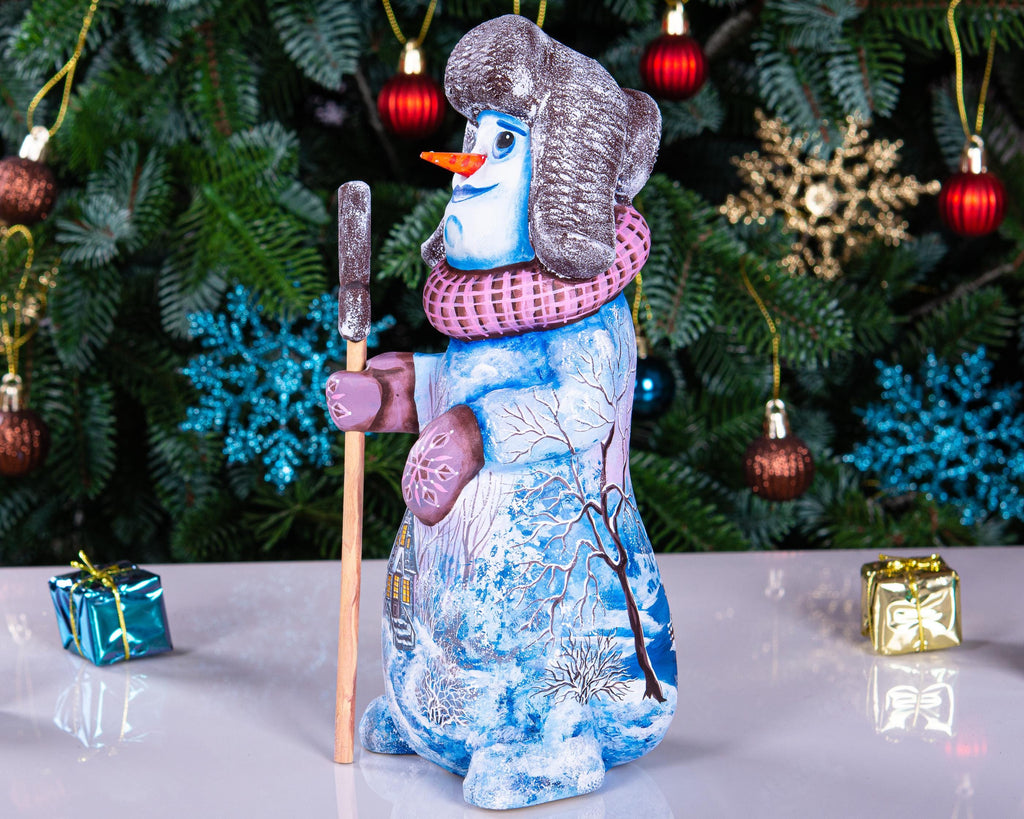 Collectible snowman figurine with broom, folk art mantel decor, 9 inch