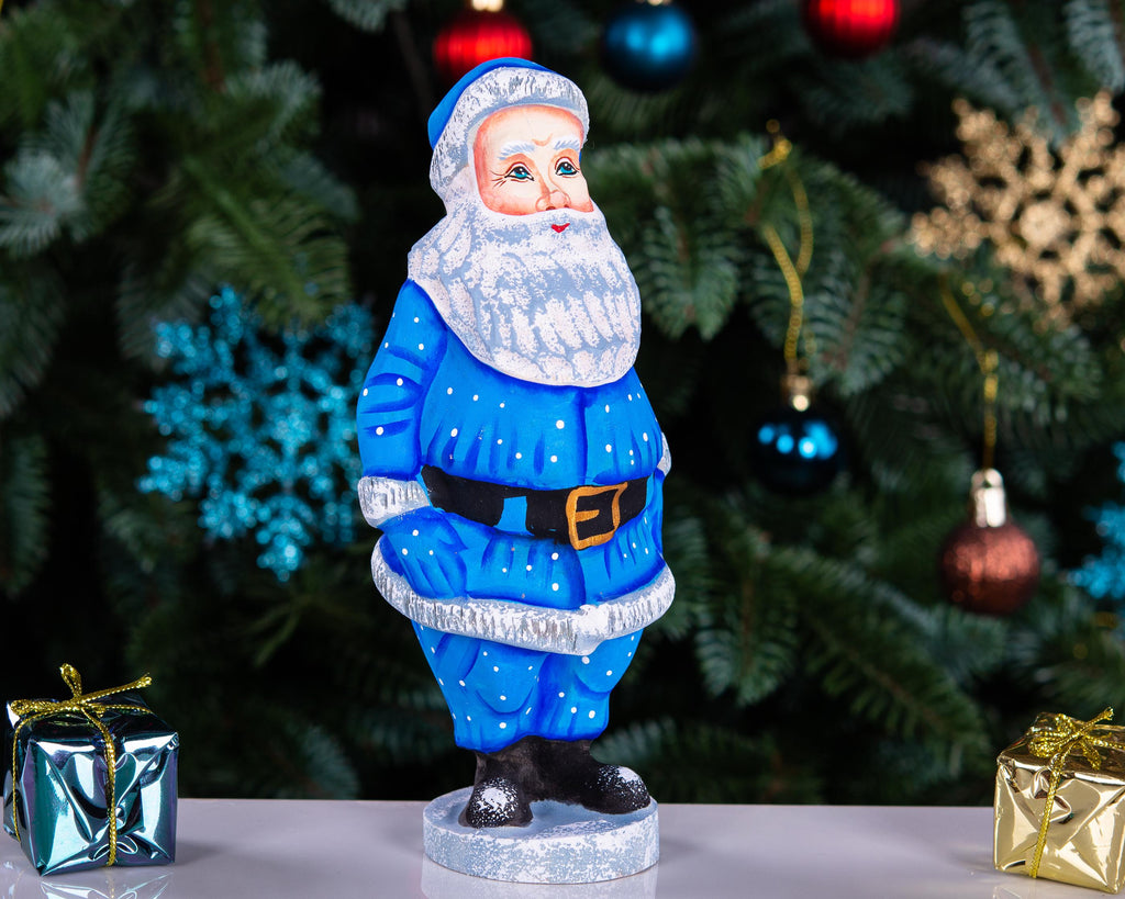 Father Frost, Hand‑Carved Wood, Frosty Trim Blue Suit, 6.7″