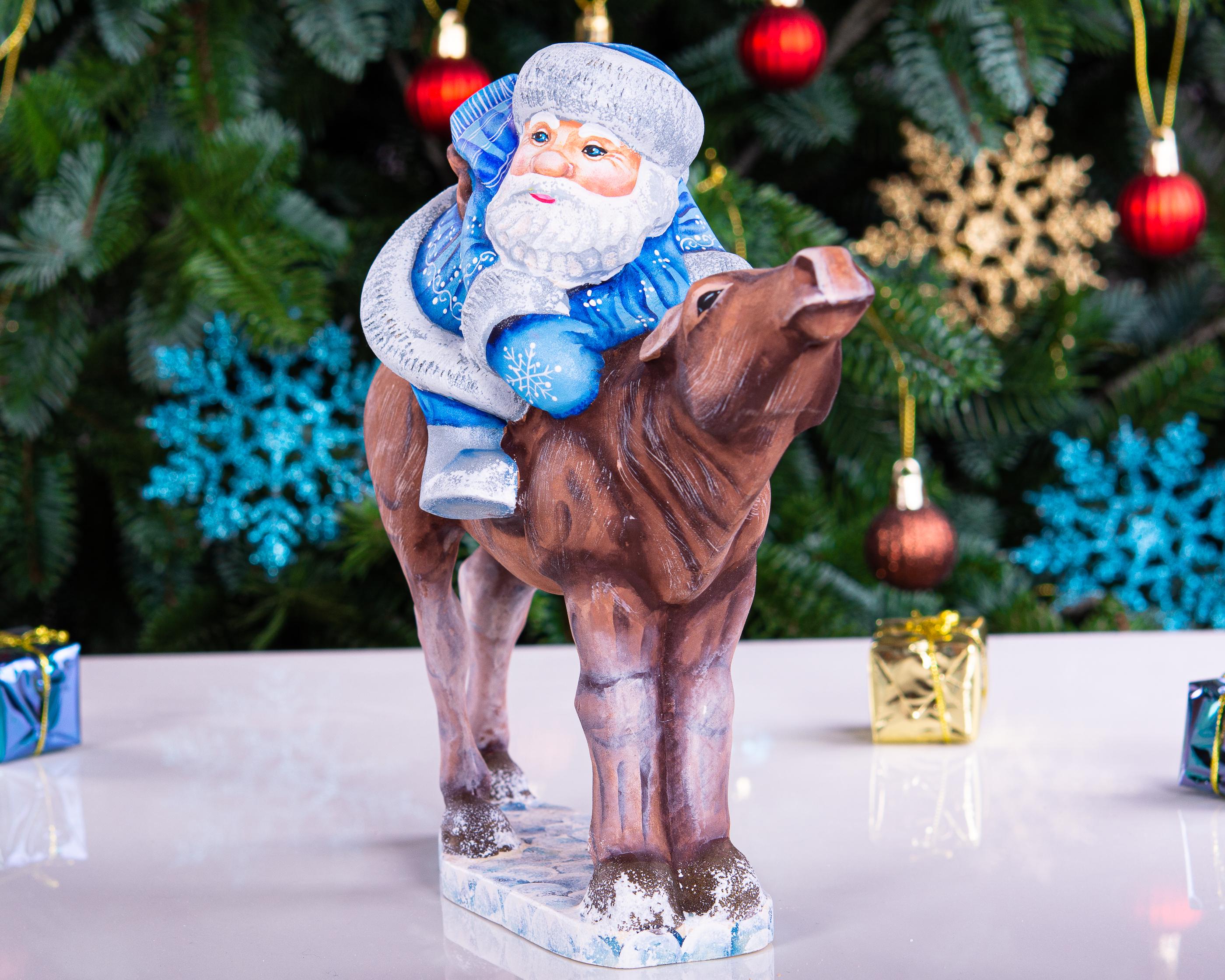 Old World Santa wooden figurine 8 inch, moose ride mantel display