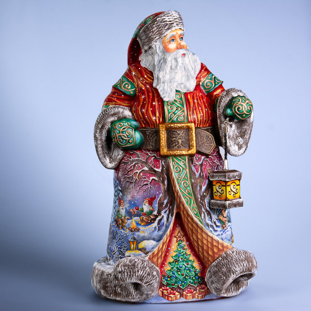 Hand Carved Santa Claus Figurine: Wooden Gnome Winter Scene, Painted Christmas Decor