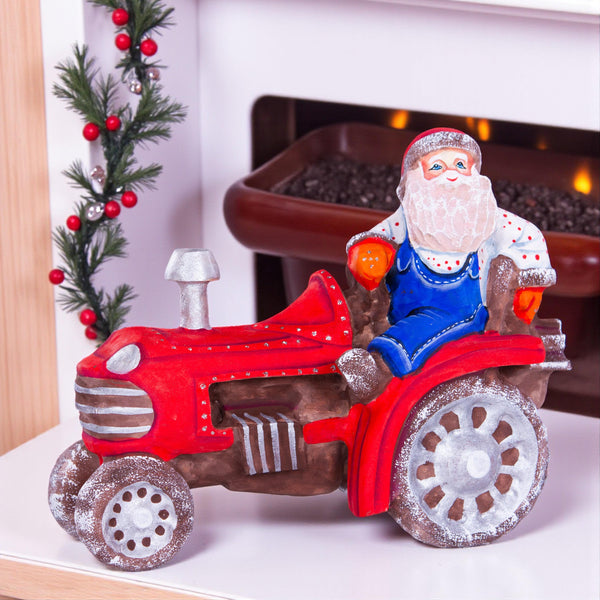 Hand-Carved Wooden Santa Claus Figurine on Tractor: Christmas Home Decor