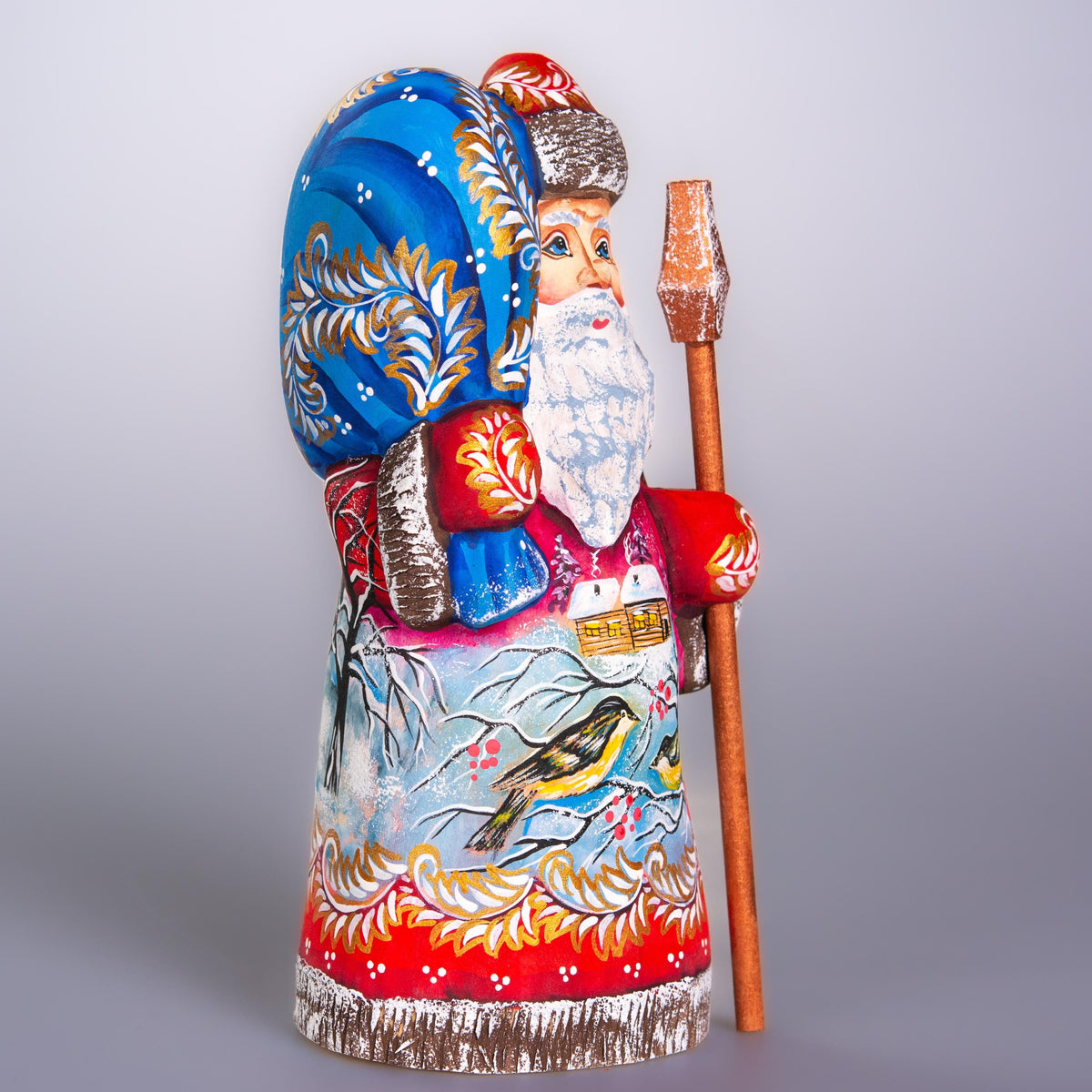 Hand painted Santa wooden figurine 8 inch, village snow scene with birds, shelf decor
