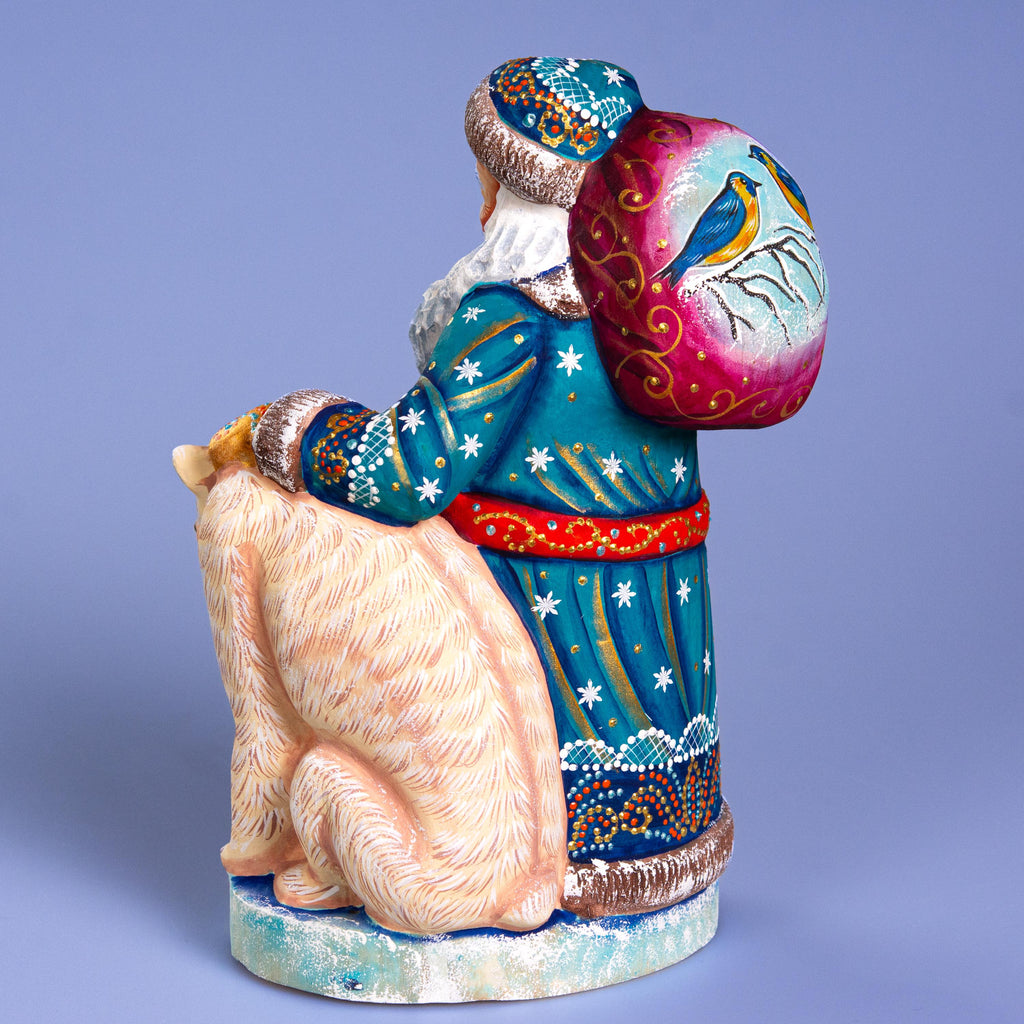 Blue Santa with Polar Bear Cub, 9" Hand Carved Wooden Figurine