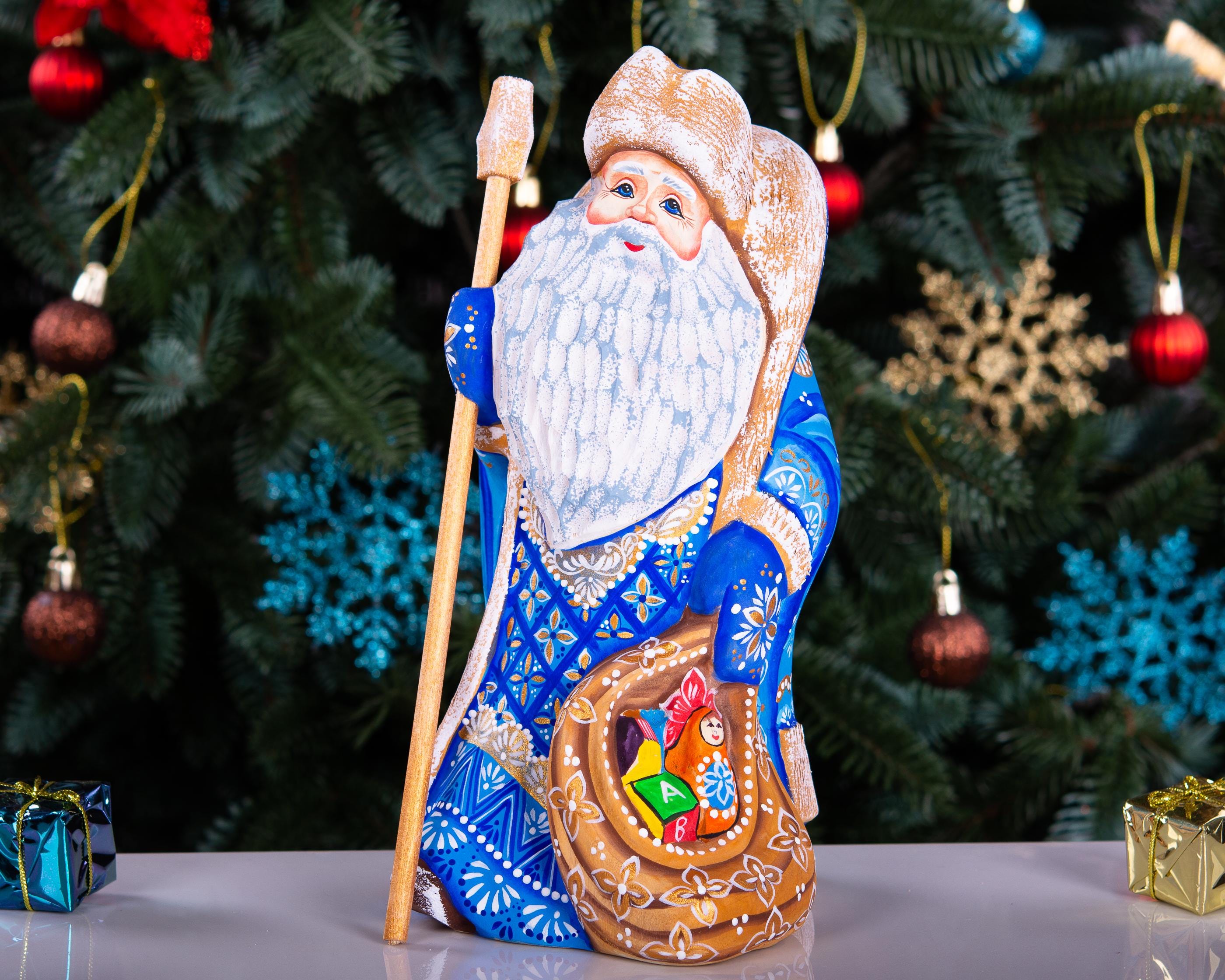 Hand carved blue Santa wooden figurine 9 inch, toy sack, mantel decor