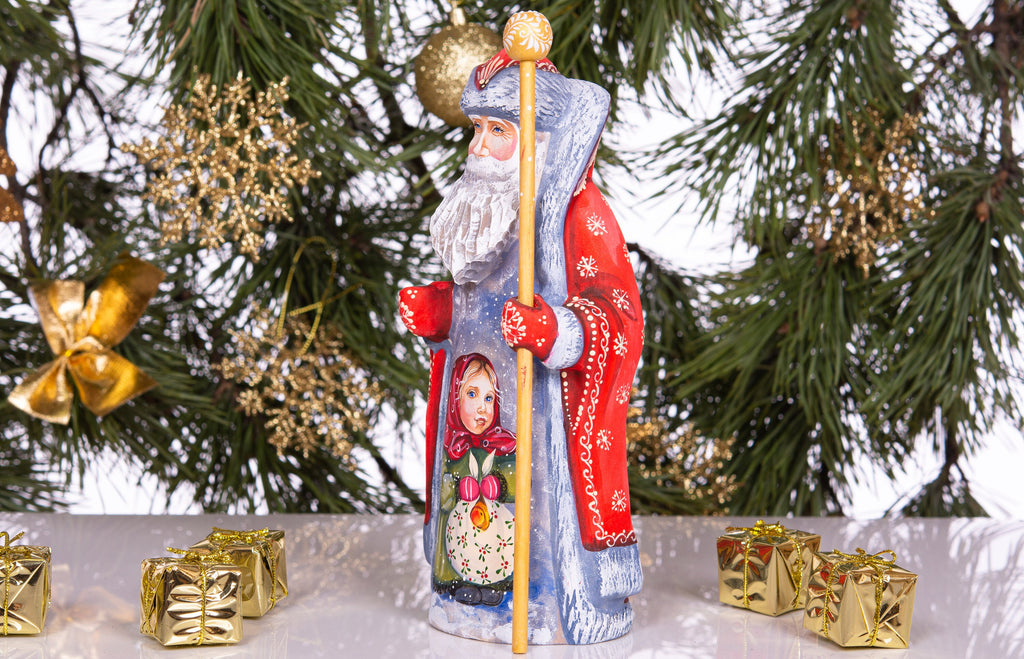 Old-World Santa Claus figurine 9 inch hand carved wood, cozy child artwork, mantel centerpiece