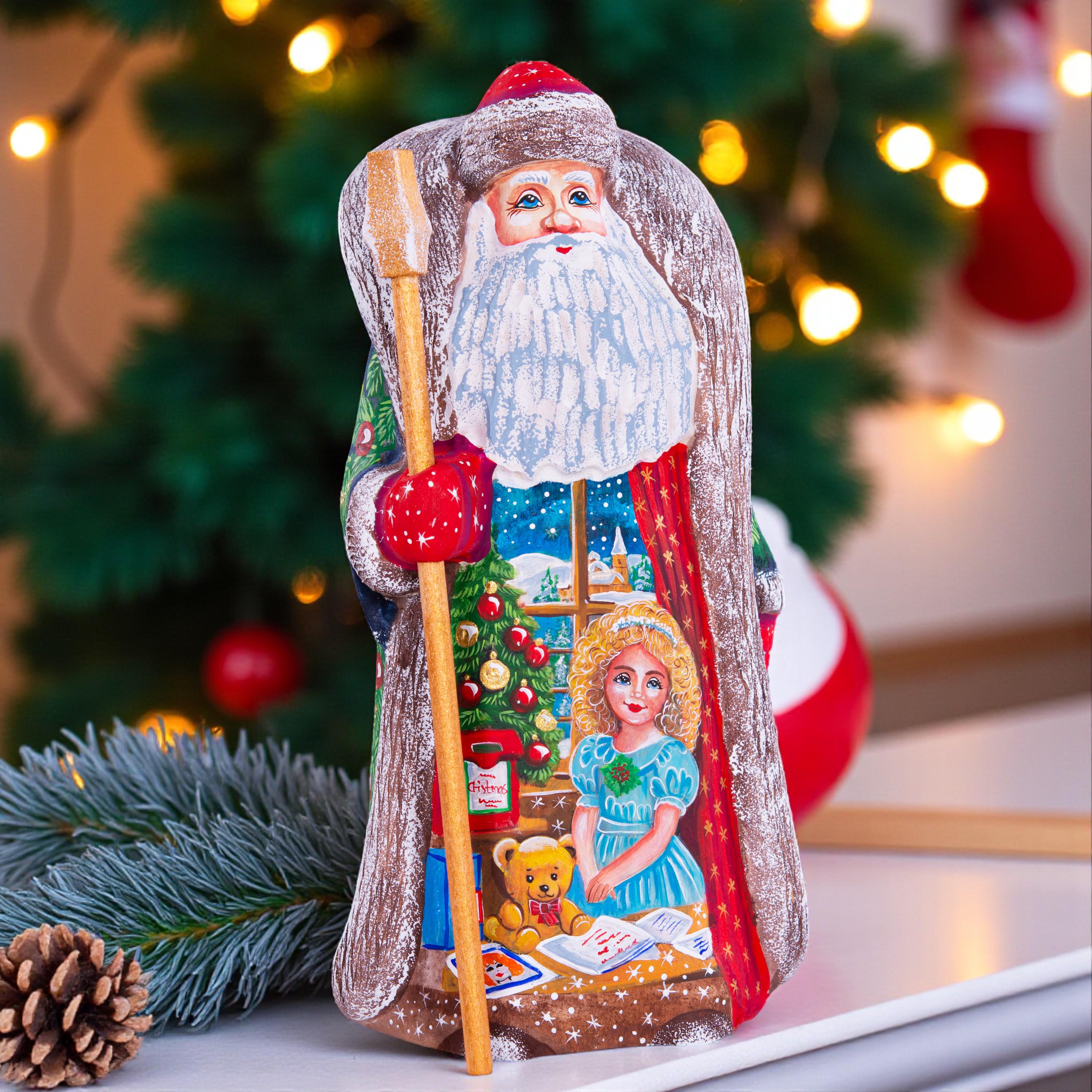 Collectible Santa figurine with staff, girl writing wish list scene, 9.5 inch