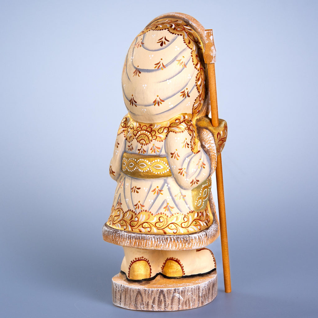Russian Santa wooden figurine 11 inch, ivory coat, hand painted folk art collectible