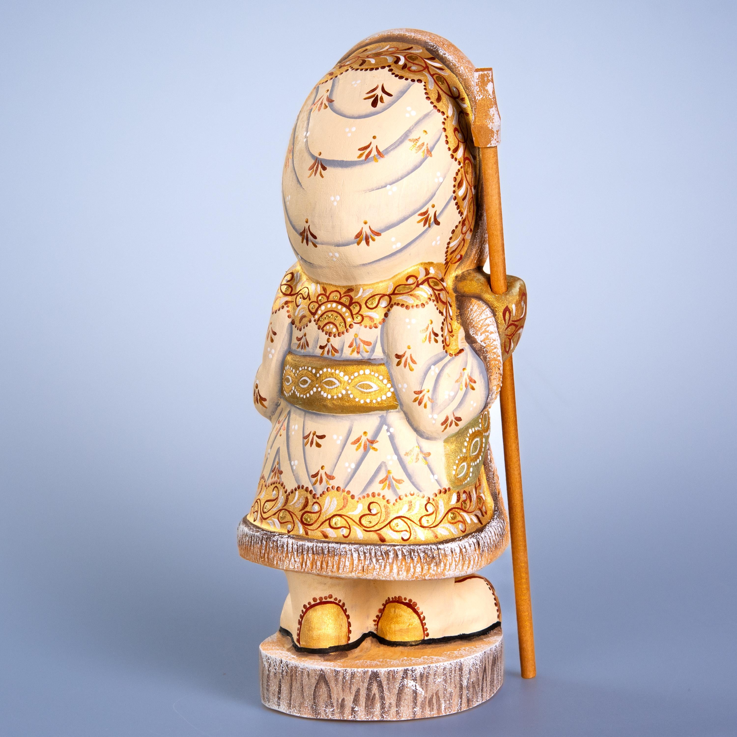 Russian Santa wooden figurine 11 inch, ivory coat, hand painted folk art collectible