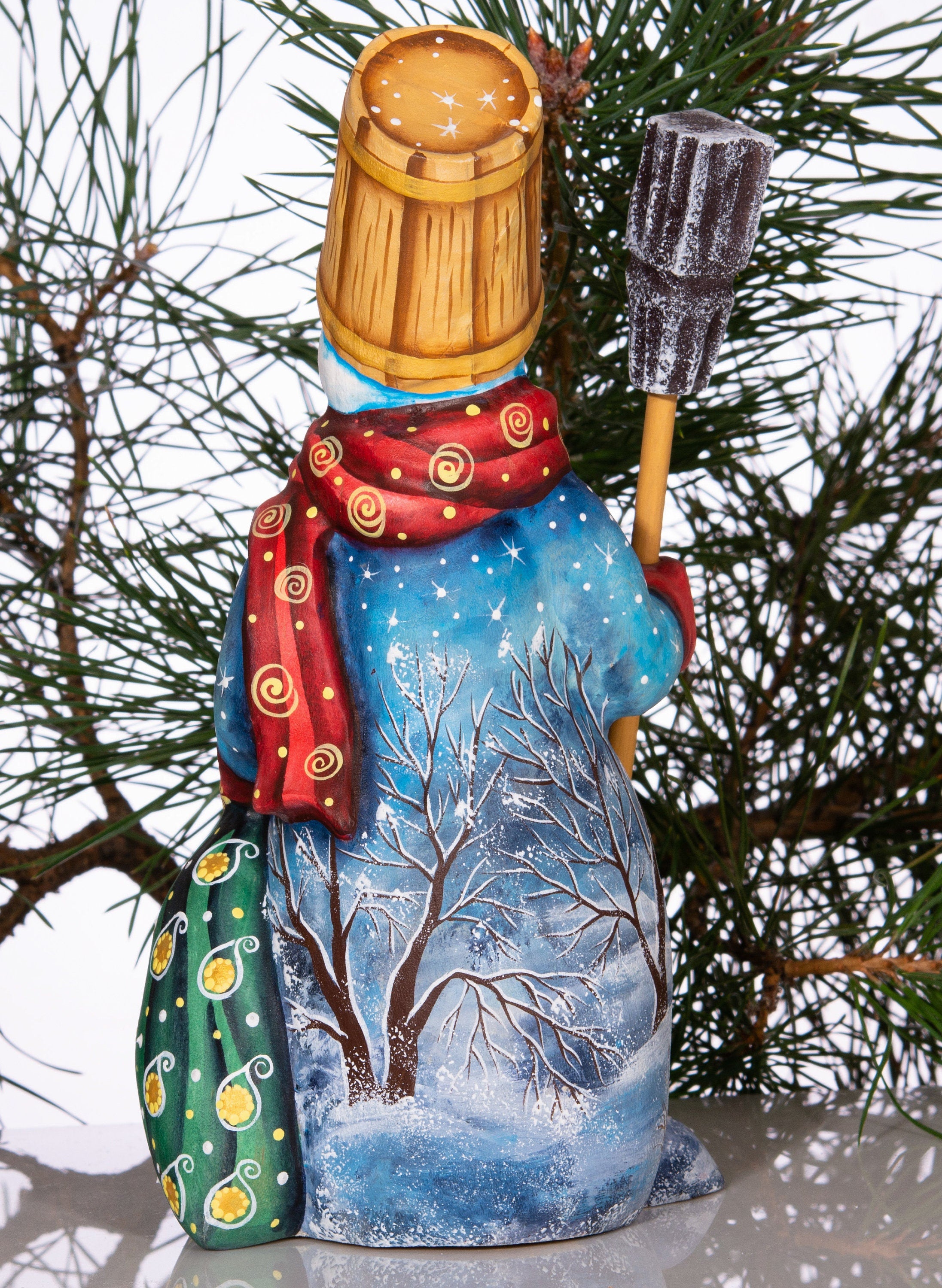 Christmas snowman wood figurine 8 inch, snowy cottage artwork, festive table centerpiece