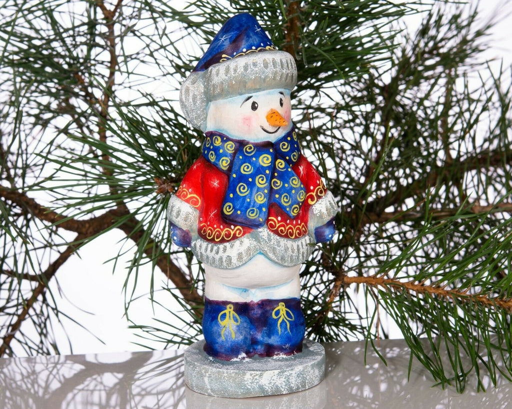 Hand carved wooden snowman figurine 6.3 inch, folk art winter accent, mantel decor