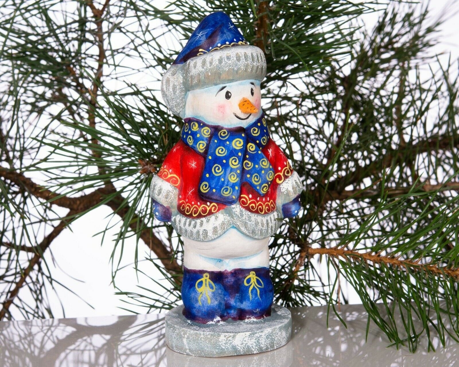 Hand carved wooden snowman figurine 6.3 inch, folk art winter accent, mantel decor