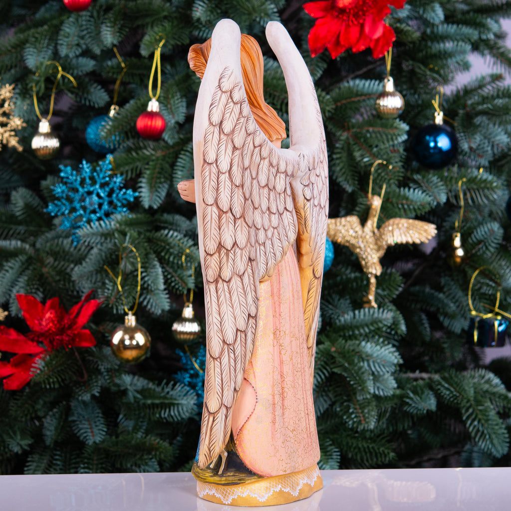 Hand Carved Wood Angel Statue: Nativity Art, Christian Decor