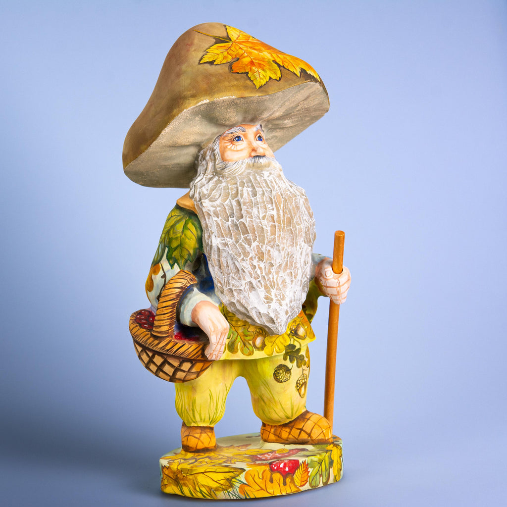 Mushroom gnome wood carving 11 inch, oak leaves, tabletop decor