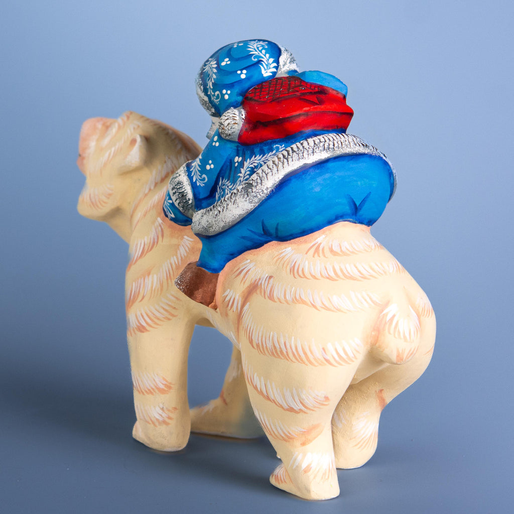 Old World Santa Riding Bear Figurine 9 inch Long, Hand Carved Wood