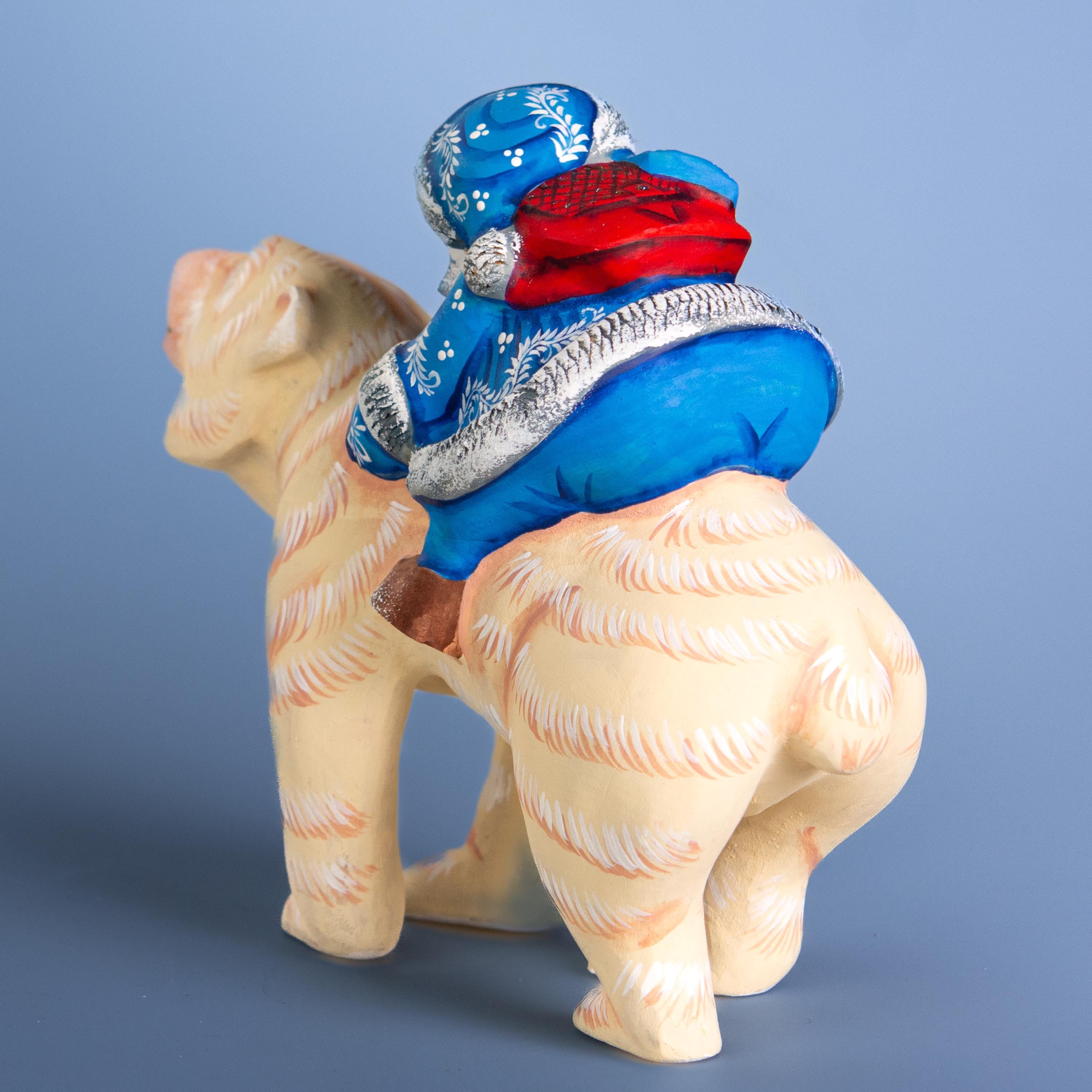 Old World Santa Riding Bear Figurine 9 inch Long, Hand Carved Wood