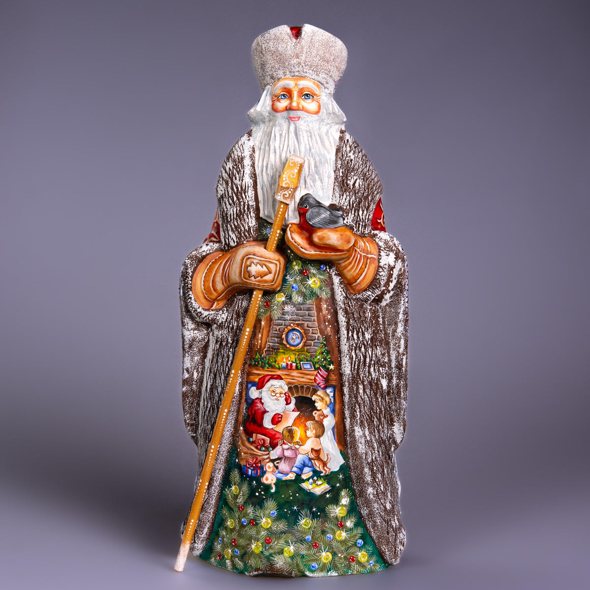 Hand carved wooden Santa statue 13 inch, fireplace scene collectible
