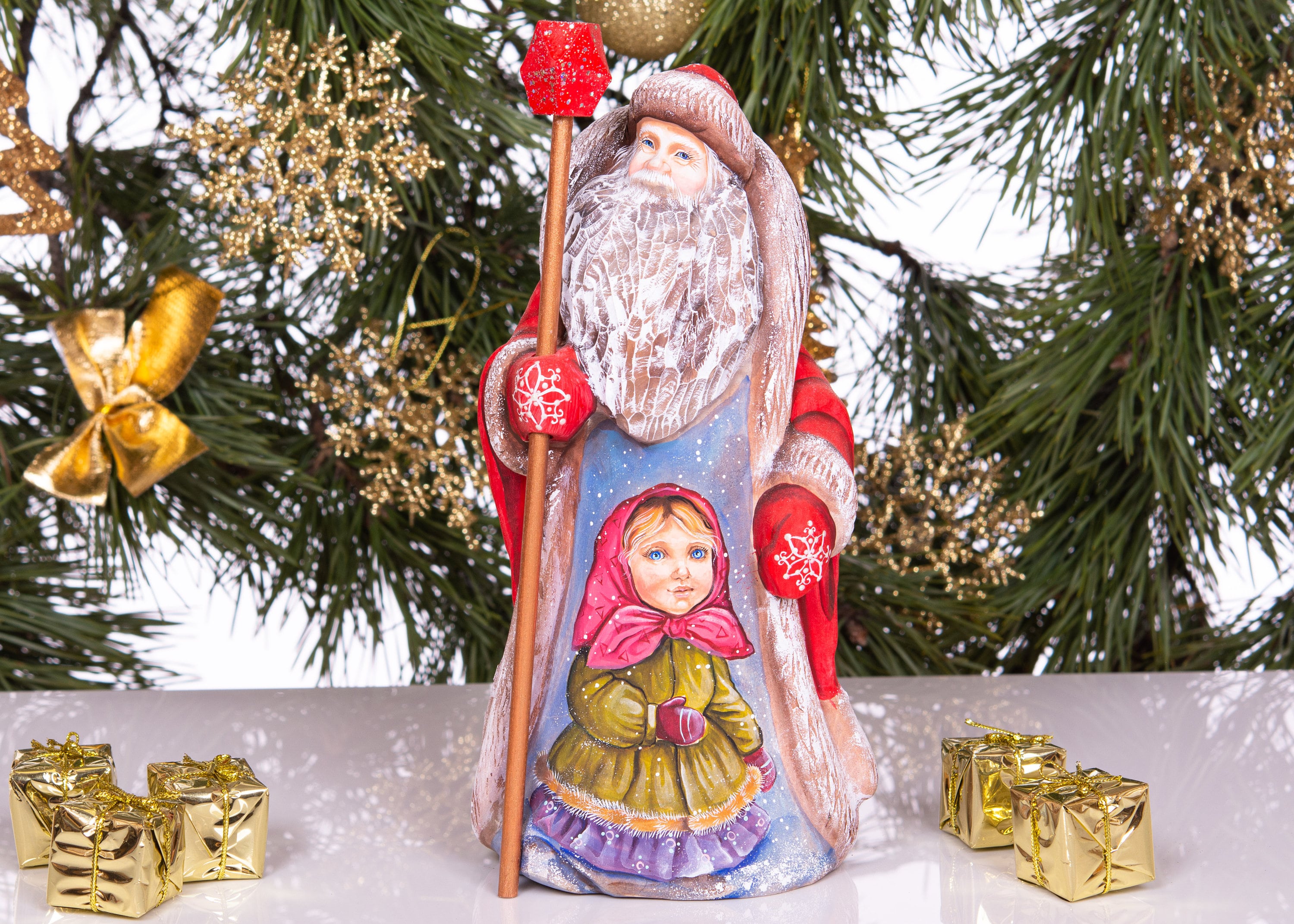 Old World Santa wood figurine 9.5 inch, winter girl scene, Christmas mantel centerpiece