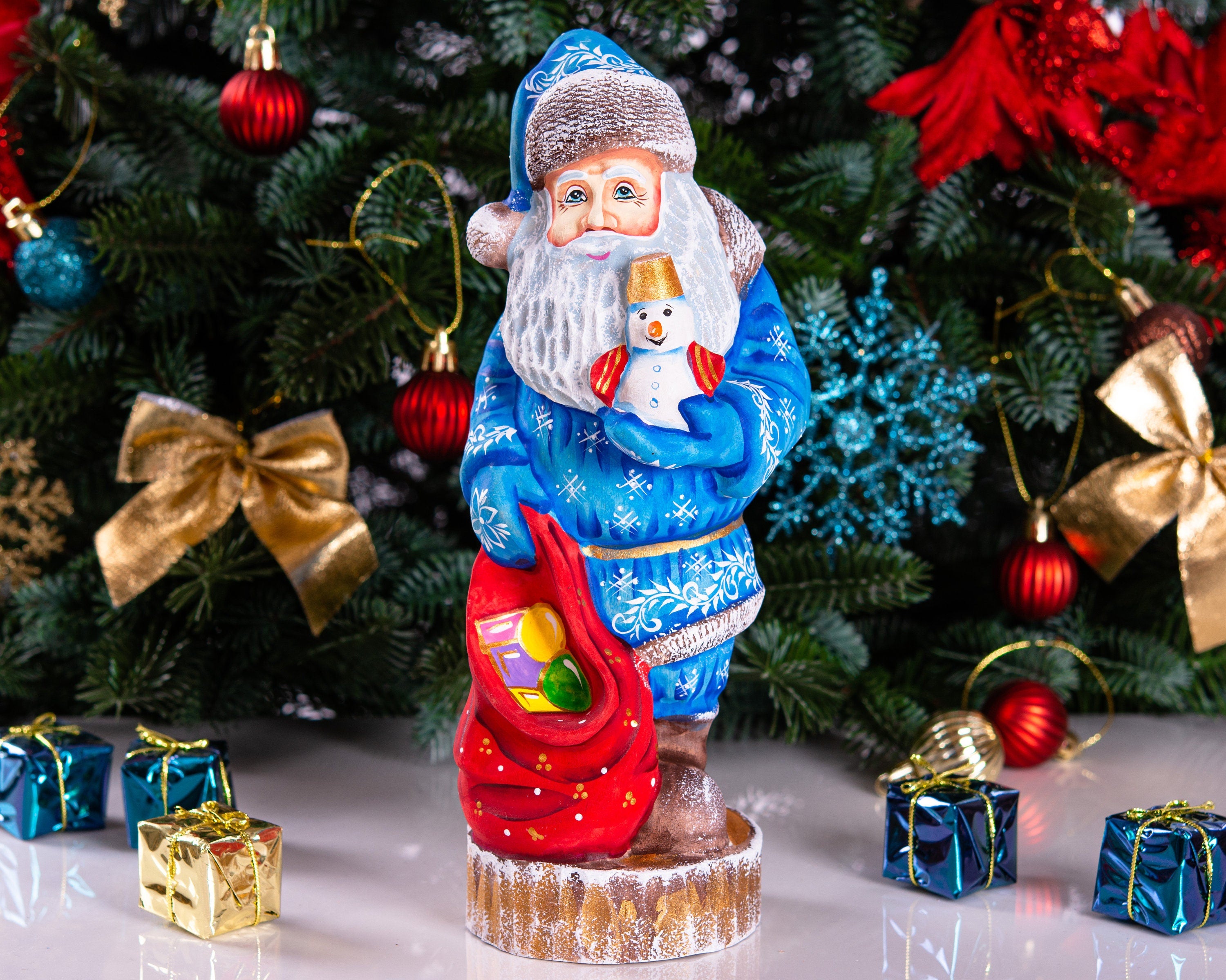 Hand carved Santa wooden figurine 10 inch, snowman toy & gift sack, mantel decor
