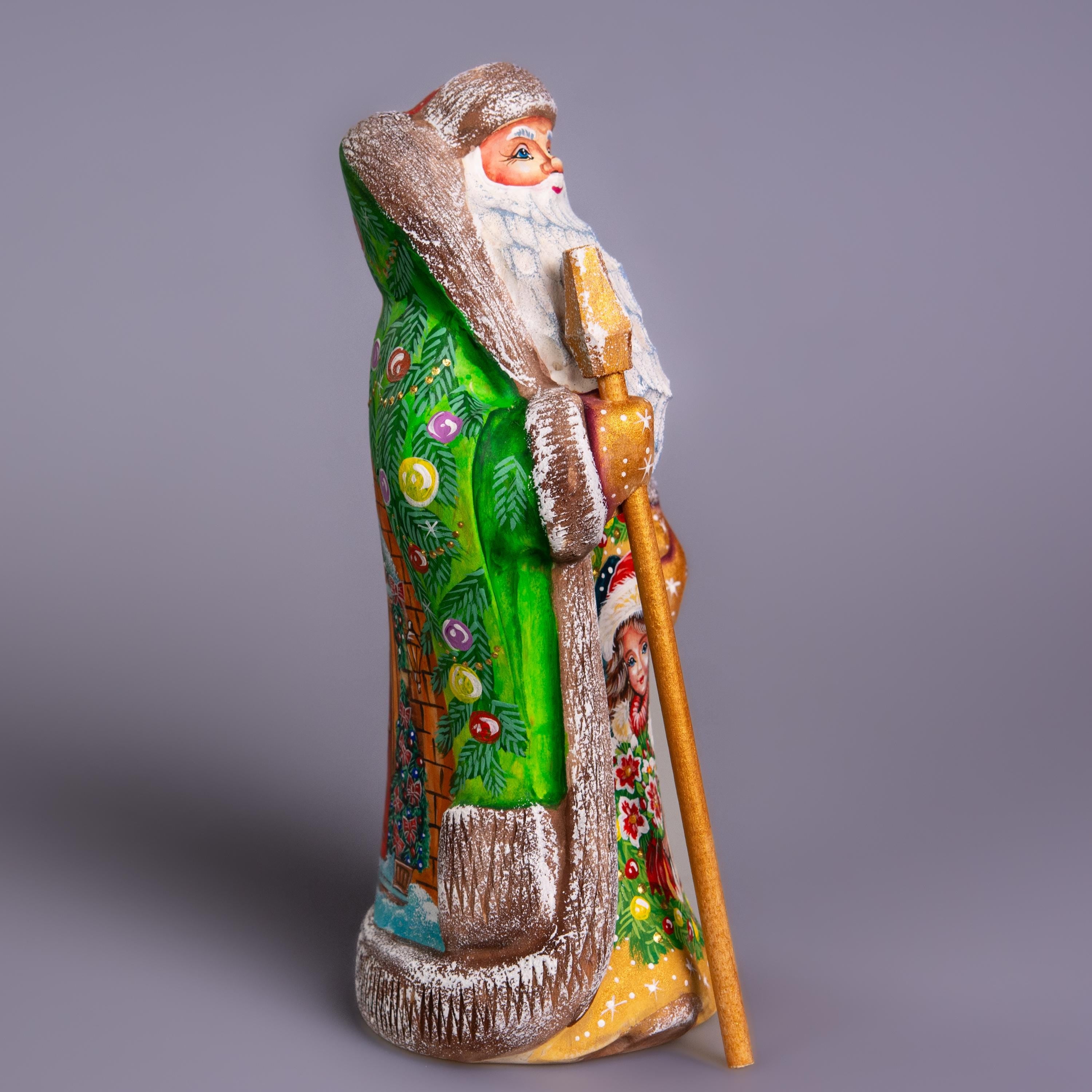 Hand Carved Wooden Santa Figurine: Green Coat, Christmas Holiday Door Scene