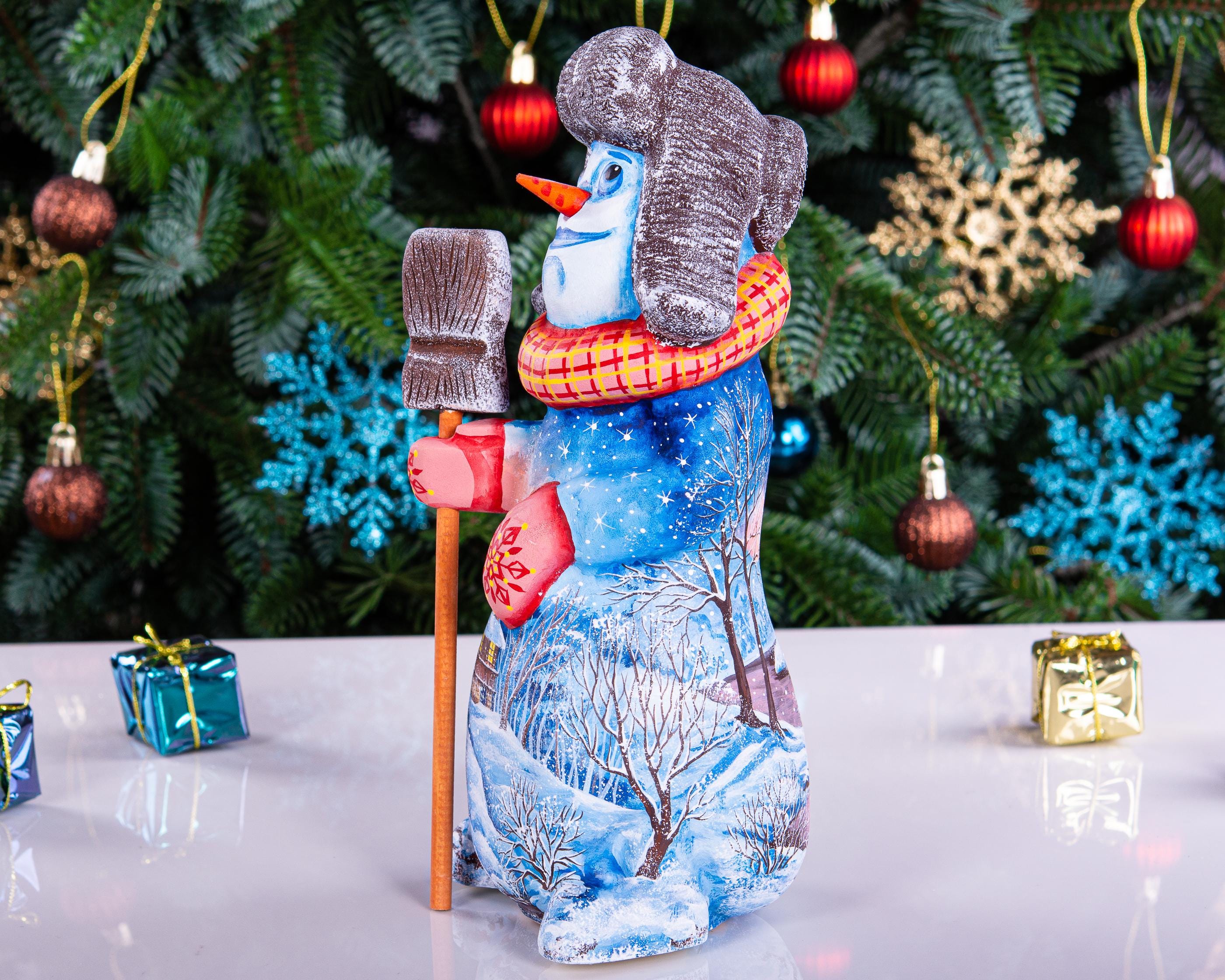 Hand Carved Wooden Snowman Figurine: Artist Painted Winter Cottage Decor