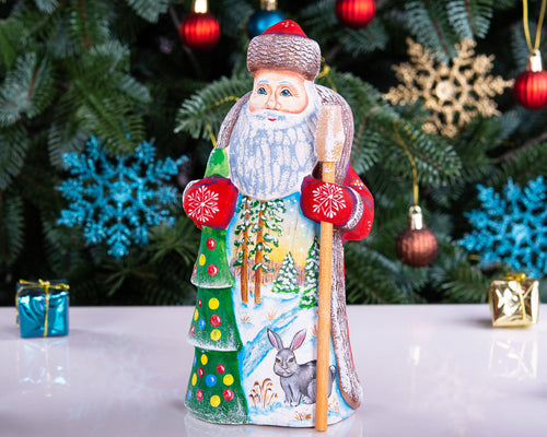 Collectible woodland Santa wood figure 8 inch, bunny by tree, cabin Christmas display