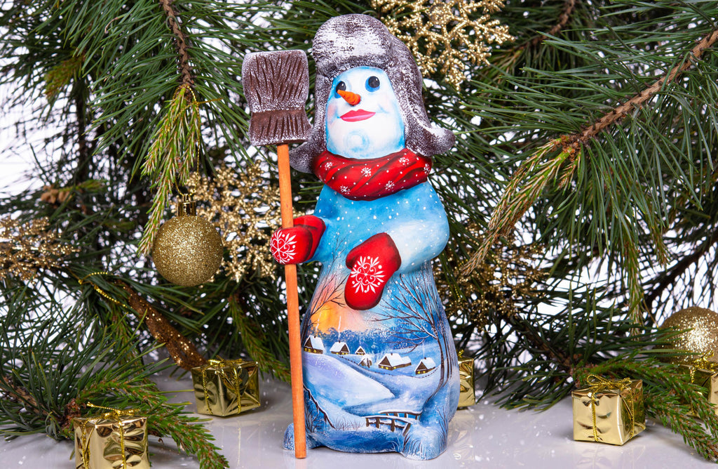 Old World snowman wood carving 9.1 inch, broom, mantel display