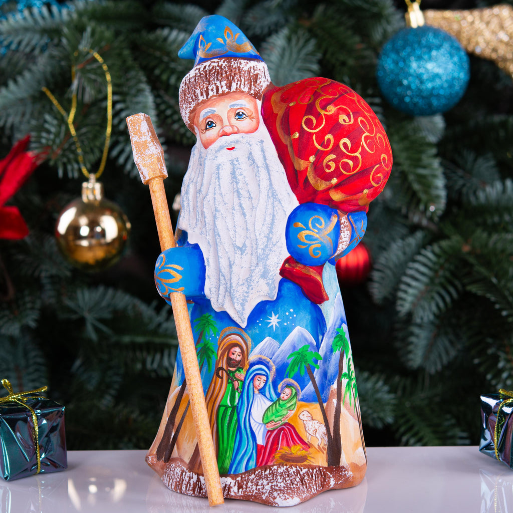 Wooden Santa Figurine 8", Nativity Panel, Hand Carved, Folk Art