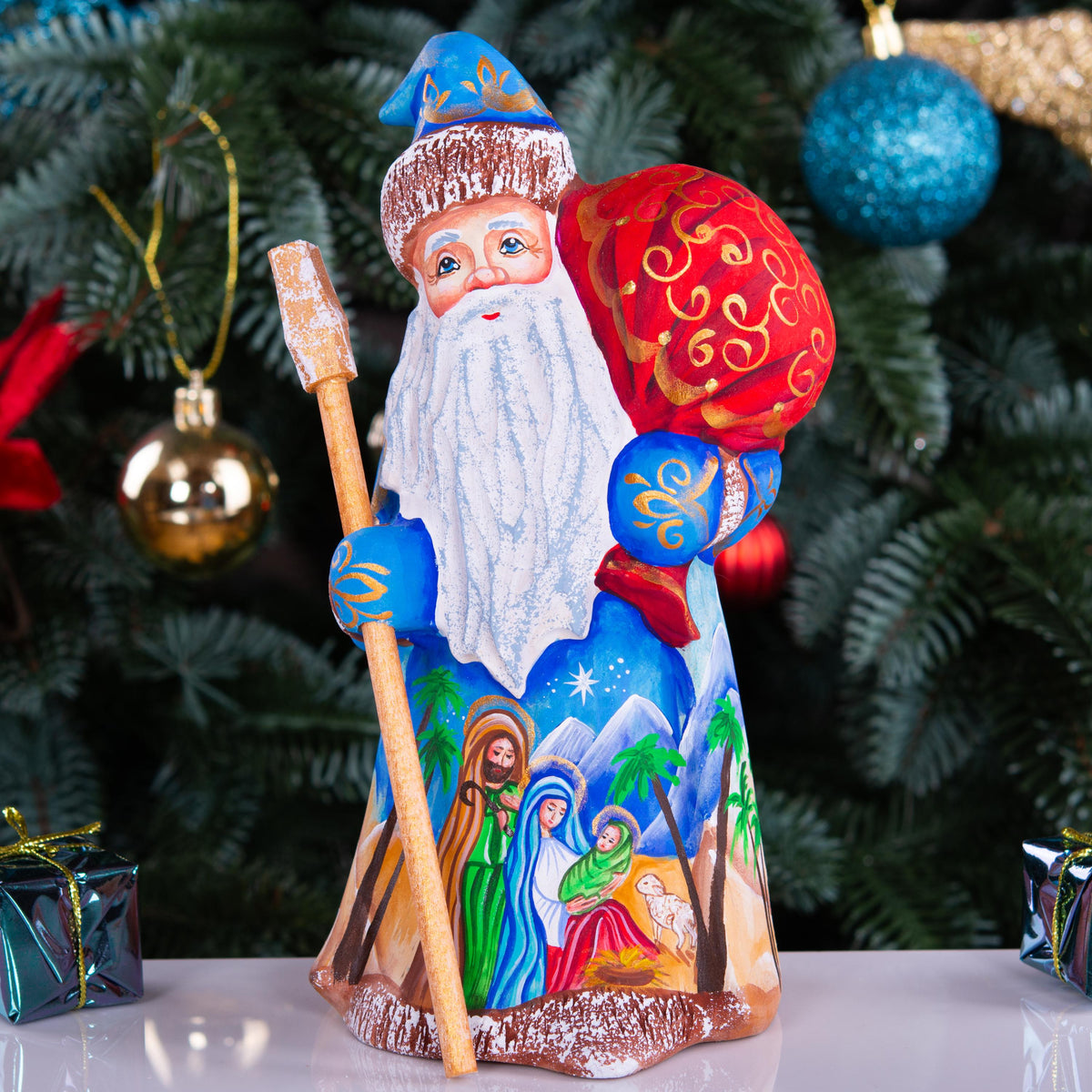 Wooden Santa Figurine 8", Nativity Panel, Hand Carved, Folk Art