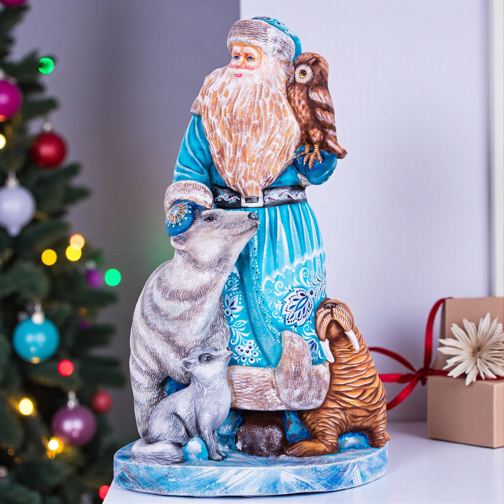 Hand carved Old-World Santa wooden figurine 14 inch, Arctic wildlife scene, mantel decor