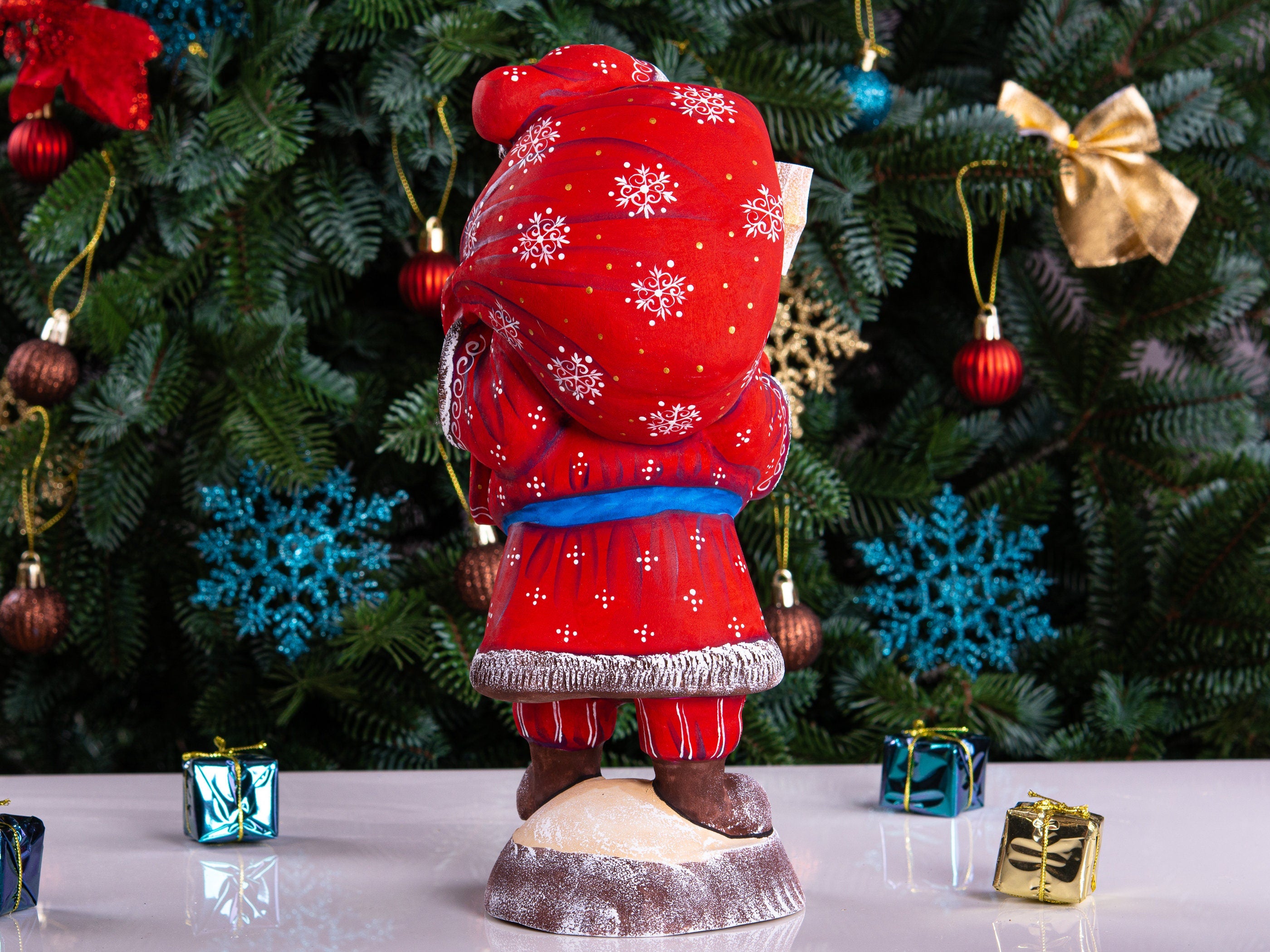 Hand carved Santa wooden figurine 11 inch, toy sack, mantel decor