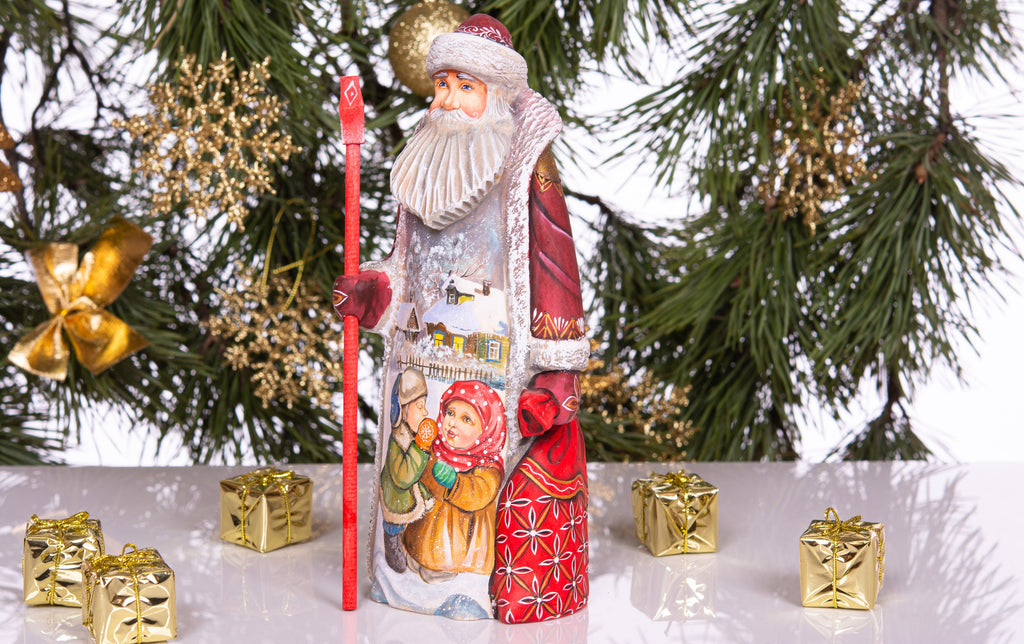 Kris Kringle hand carved wooden figurine 9 inch, gift sack & staff, Christmas home accent