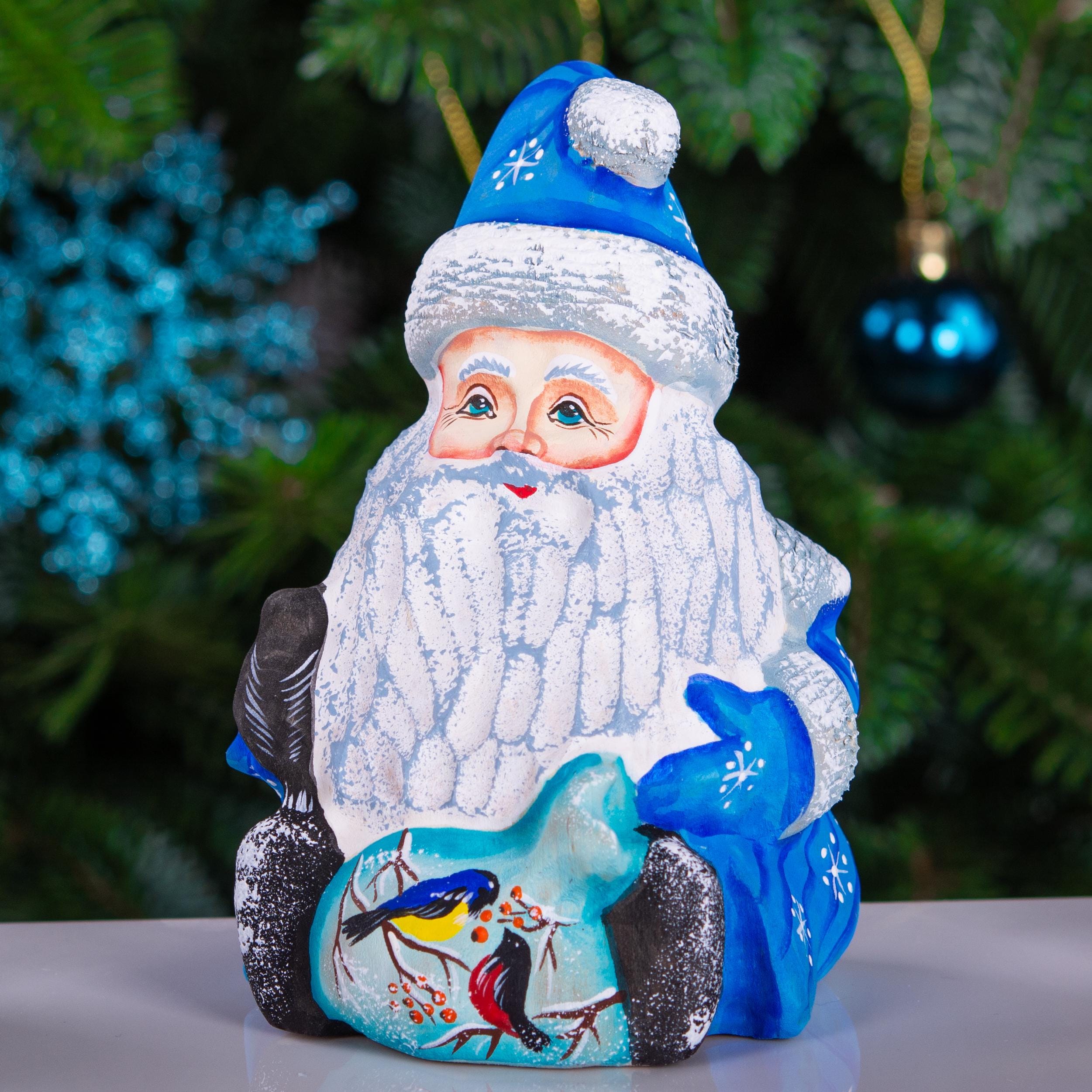 Hand carved blue Santa figurine 5 inch, winter birds scene decor