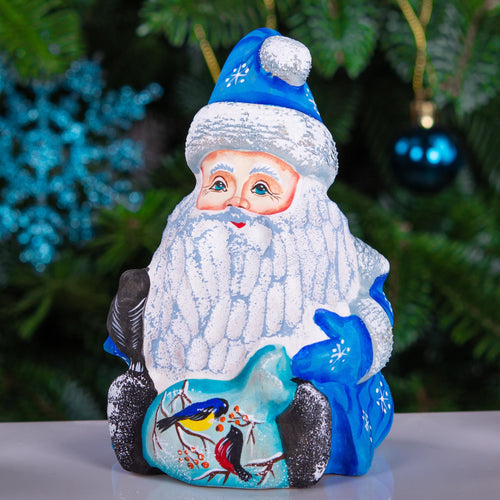 Hand carved blue Santa figurine 5 inch, winter birds scene decor
